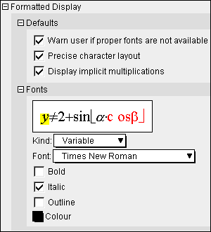 Algebraic Window Formatted Display Preferences
